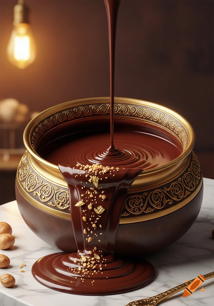 Photorealistic melted chocolate overflowing from an ornate golden bowl, topped with nuts and gold flakes on a marble surface.