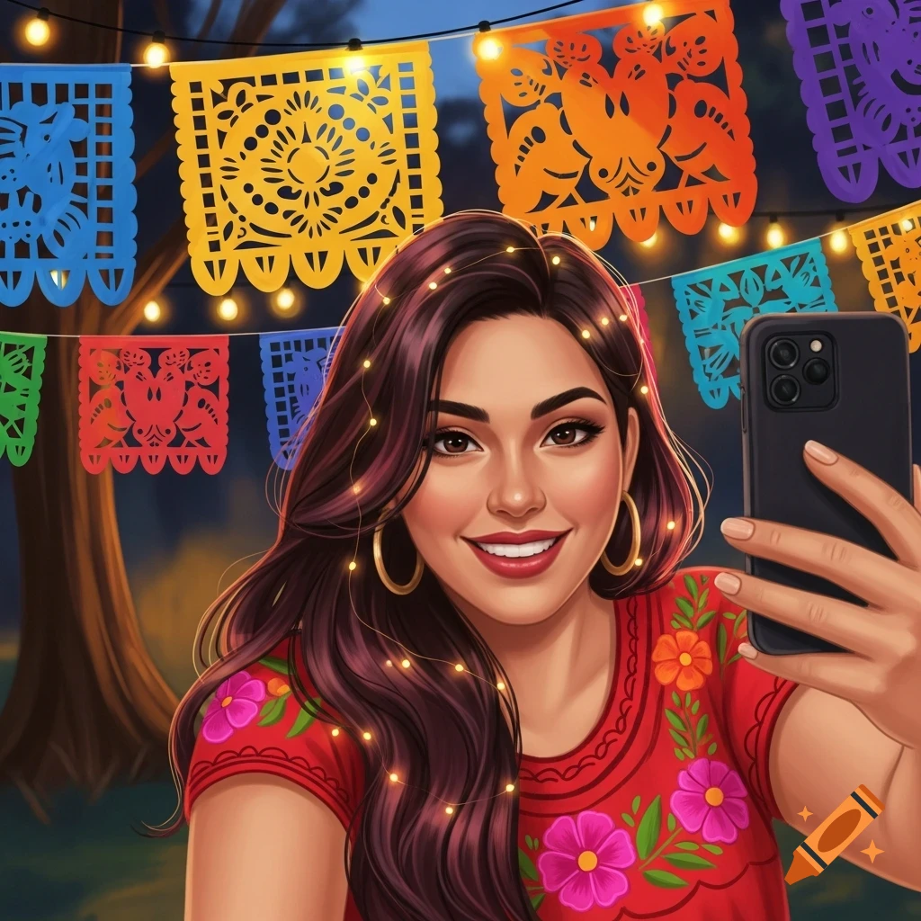 A smiling Latina woman takes a selfie outdoors against colorful festive banners and string lights, digital art.