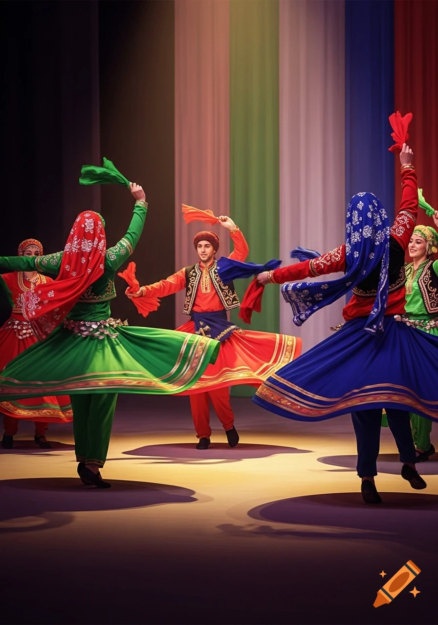 Dancers in brightly colored traditional costumes perform on a stage with a colorful backdrop, twirling their skirts.