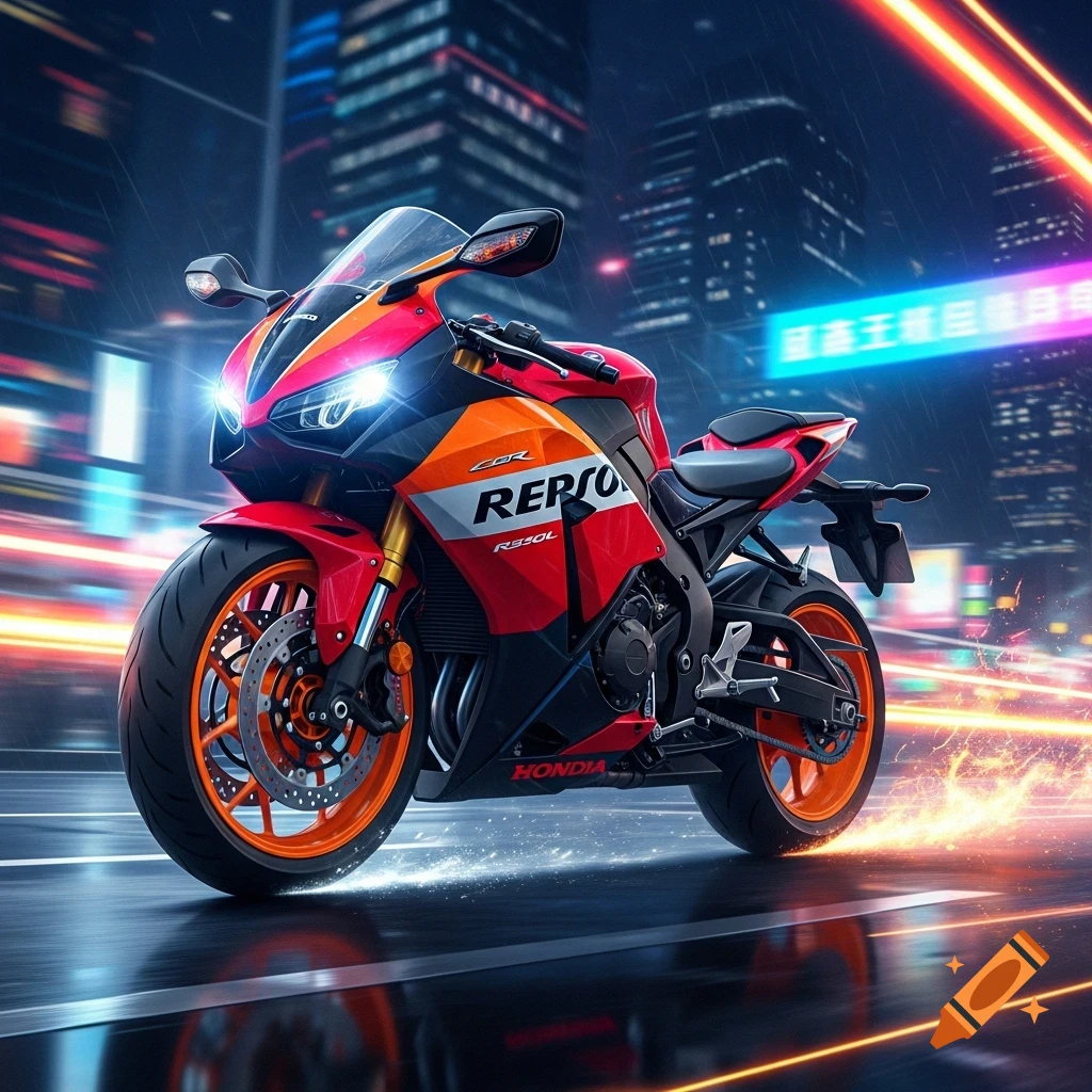 A vibrant red and orange Honda CBR Repsol motorcycle speeds through a neon-lit futuristic city at night, with motion blur and glowing light trails.