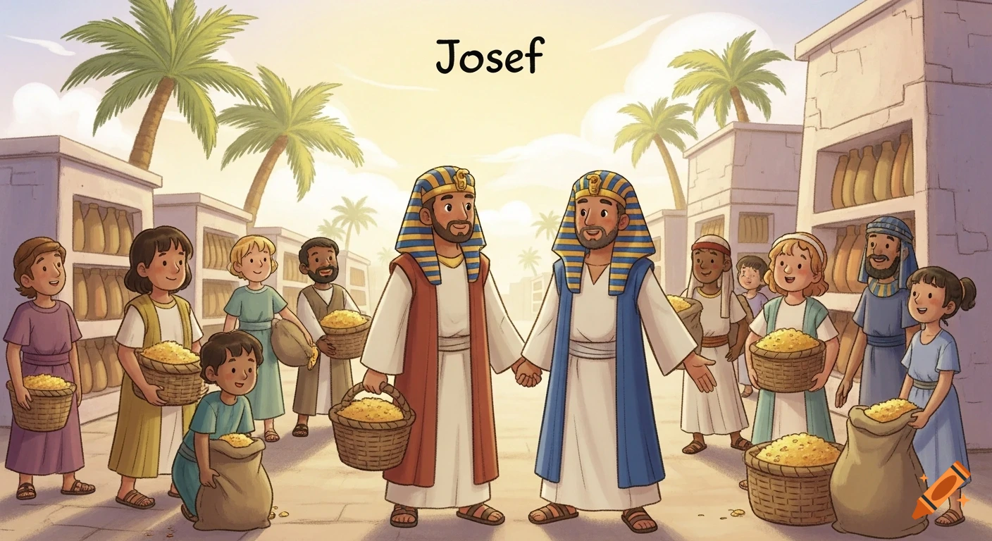 A colorful children's illustration showing Joseph and a pharaoh with smiling people collecting grain in baskets and sacks in ancient Egypt.