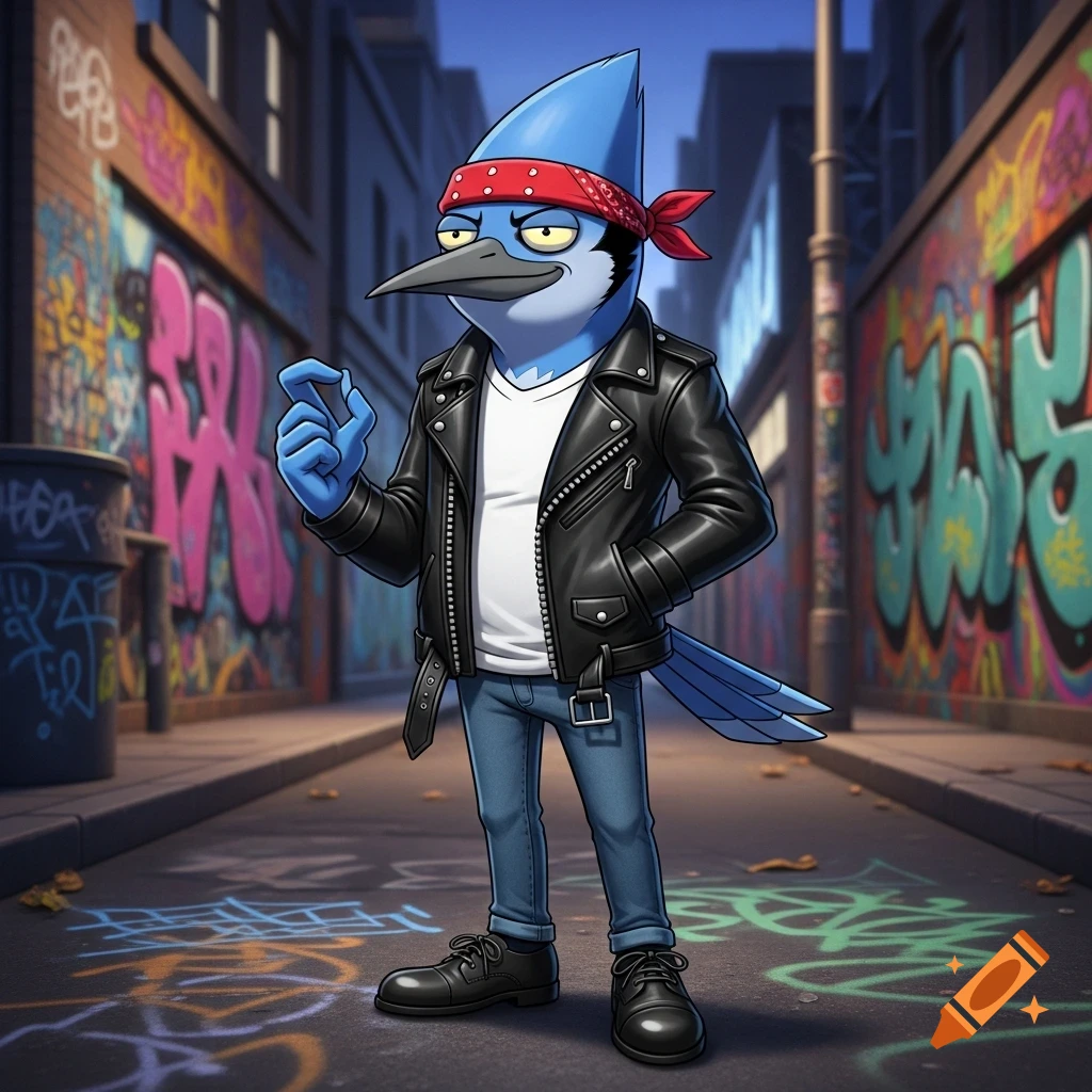 Mordecai from Regular Show in a leather jacket and red bandana, standing in a graffiti-covered alley.