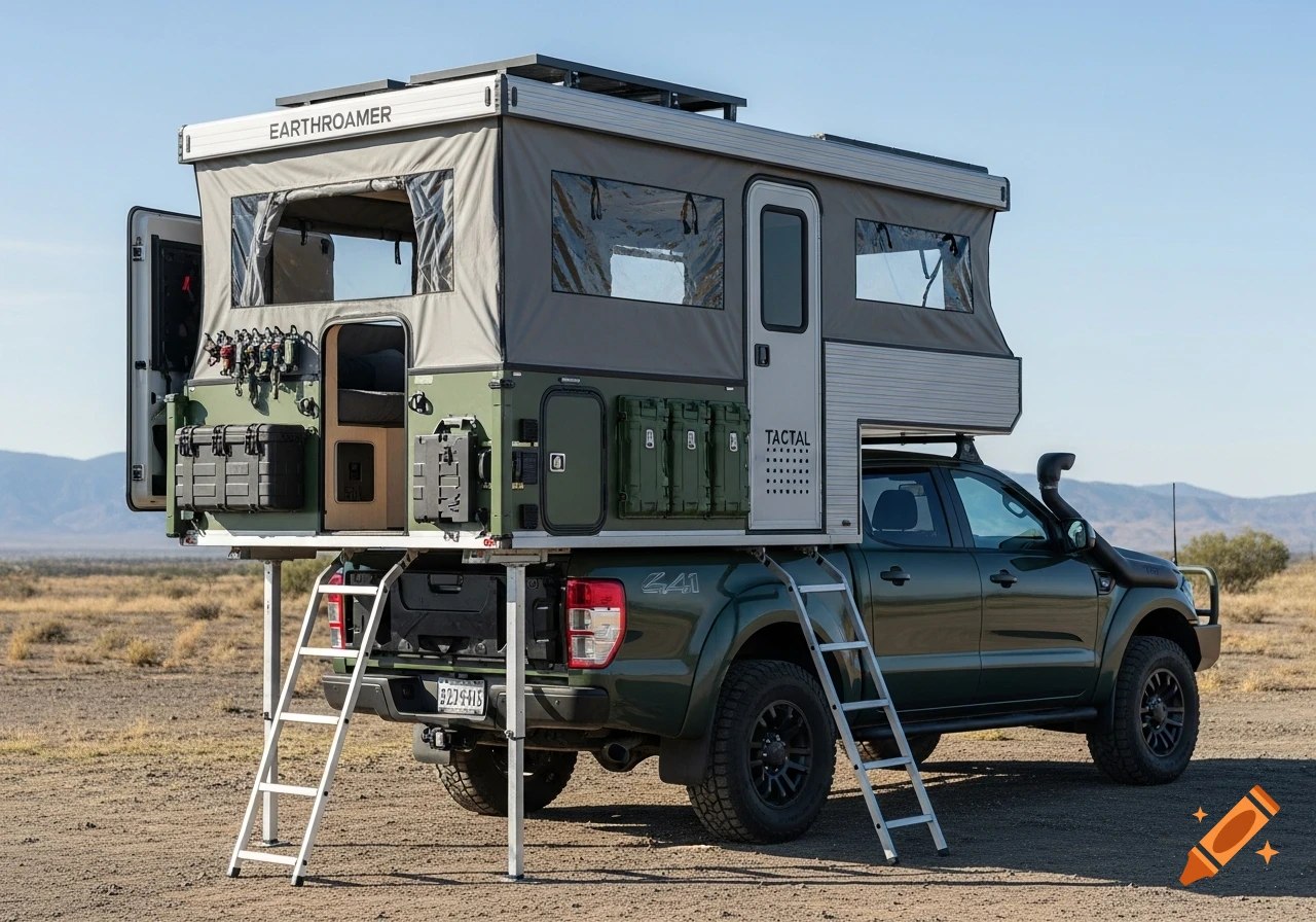 A green Ford Ranger truck with a large, elevated EarthRoamer-style camper attached, parked on a dirt road in a desert landscape.
