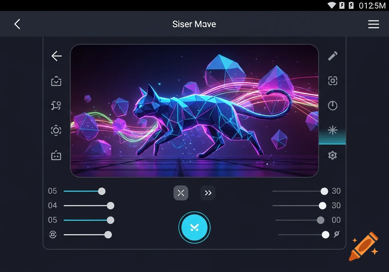 A futuristic app screen shows a geometric neon cat running, surrounded by glowing polygons and lines.