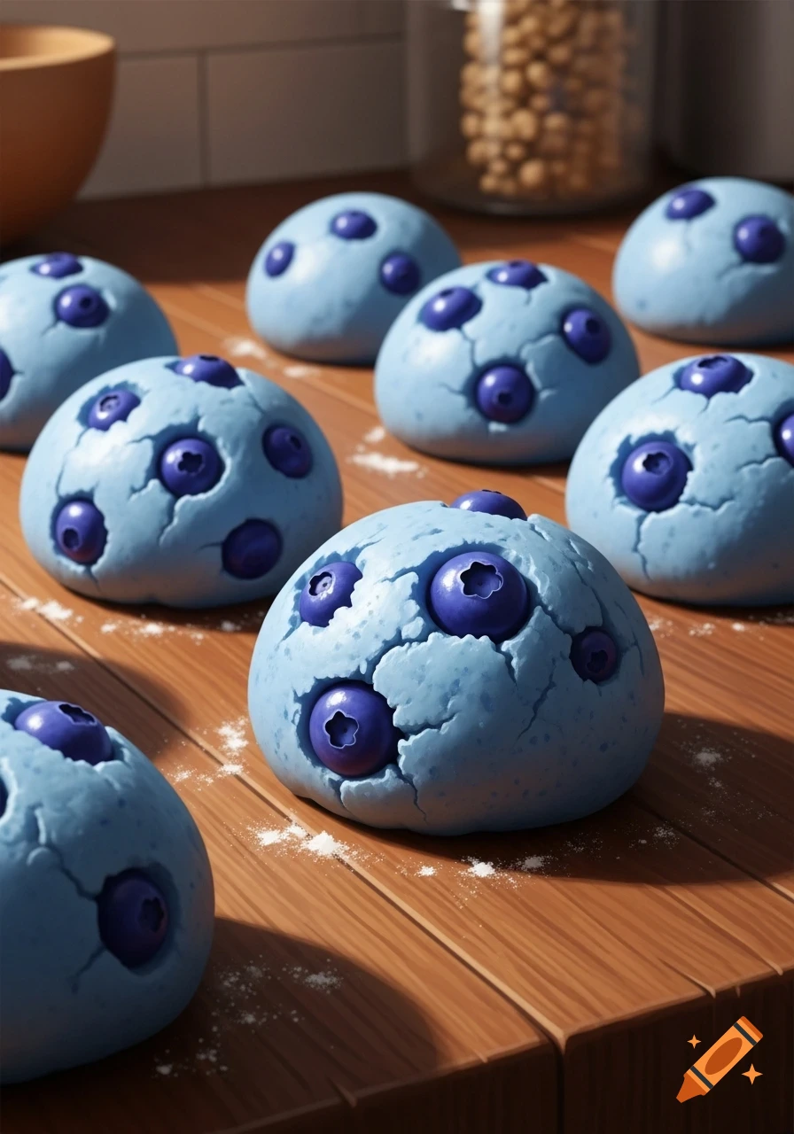 Close-up of several raw, light blue blueberry cookie dough balls on a wooden counter, sprinkled with flour.