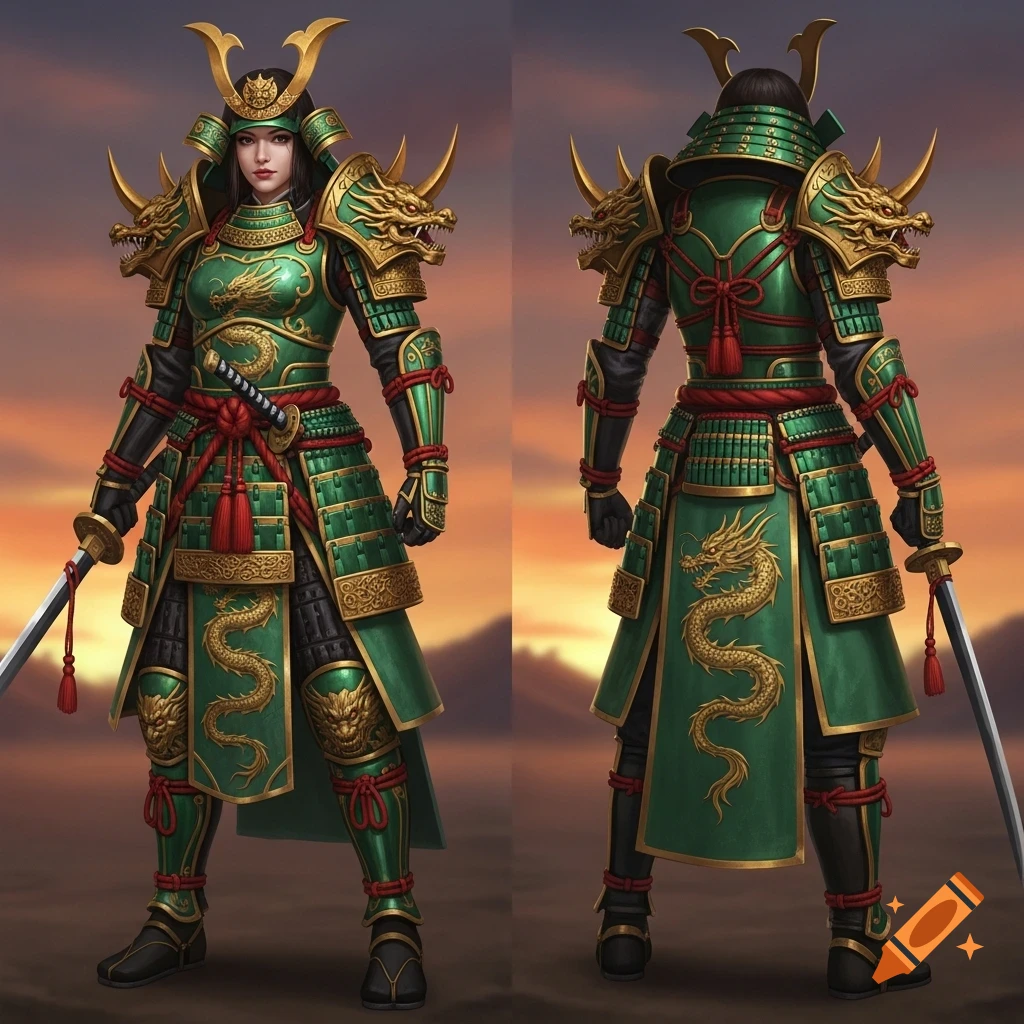 Front and back views of a female samurai warrior in green and gold armor with dragon motifs and red cords, holding katanas.