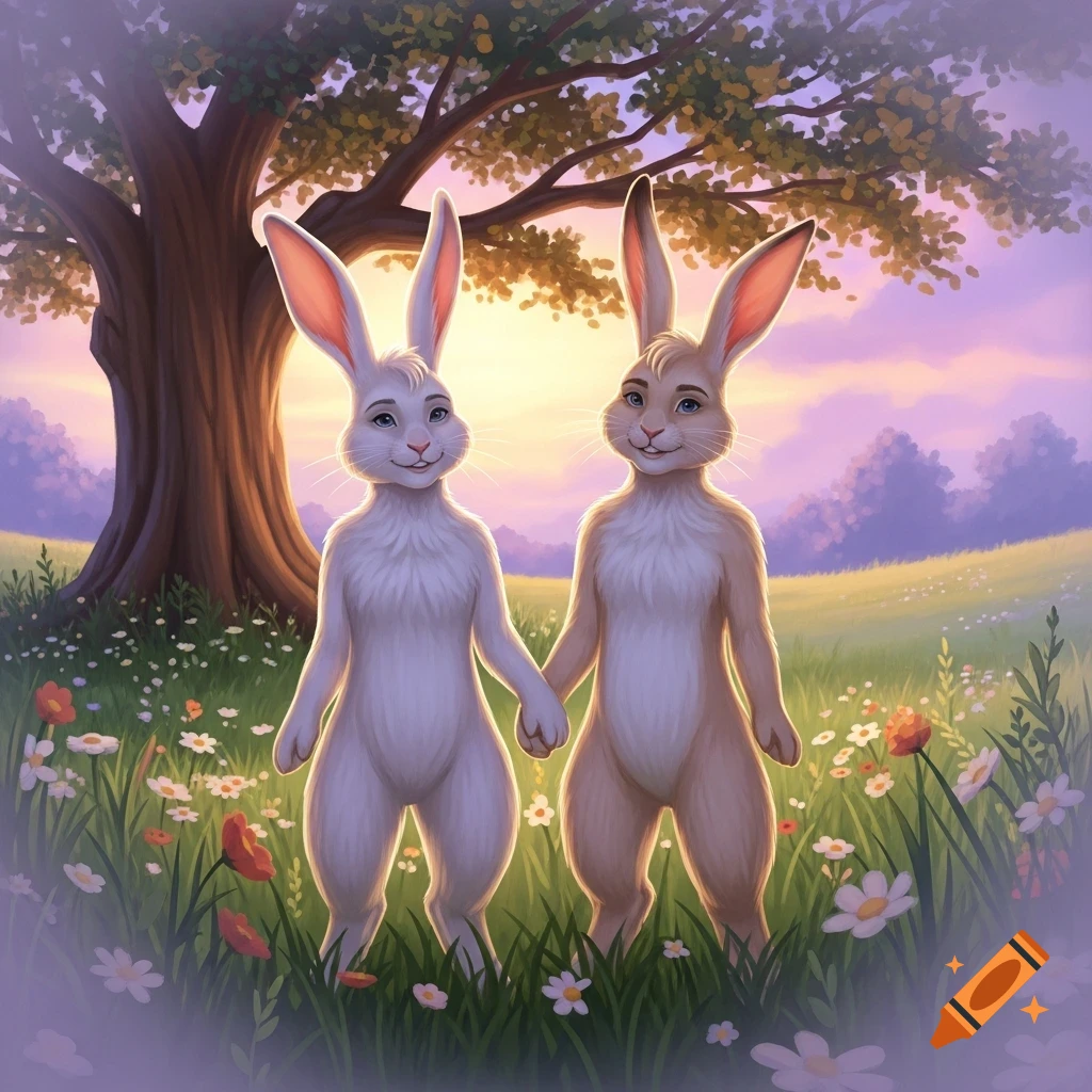 A white and a brown anthropomorphic rabbit hold hands in a field of flowers under a sunset sky with a large tree.