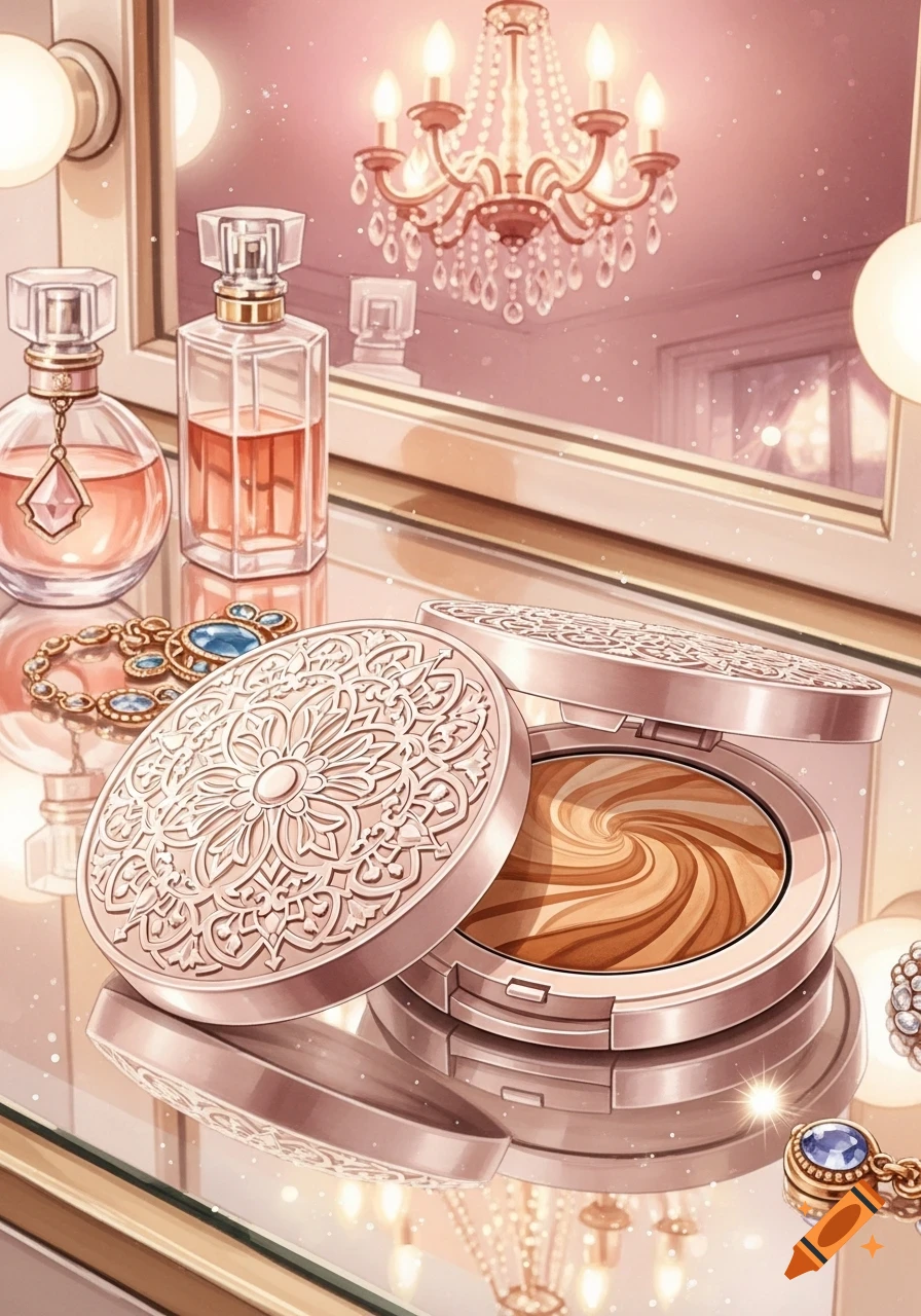 Anime illustration of perfume bottles, a decorative makeup compact, and jewelry on a reflective vanity, with a chandelier in the background.