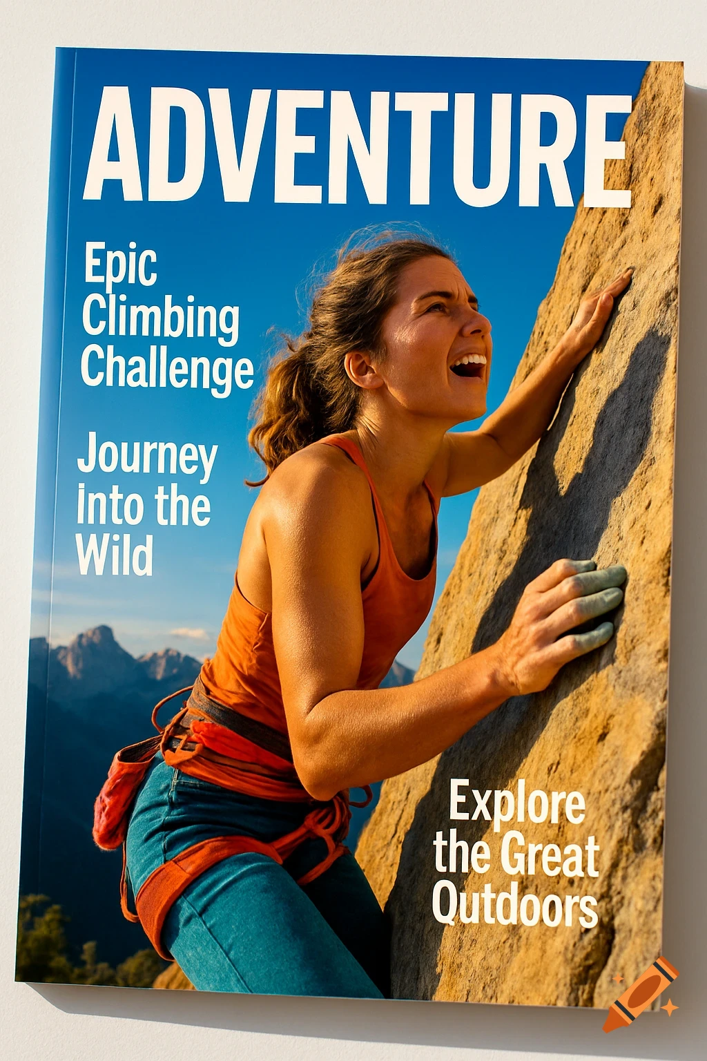 Photorealistic magazine cover for 'ADVENTURE' featuring a smiling woman rock climbing a sunlit rock face with mountains in the background.