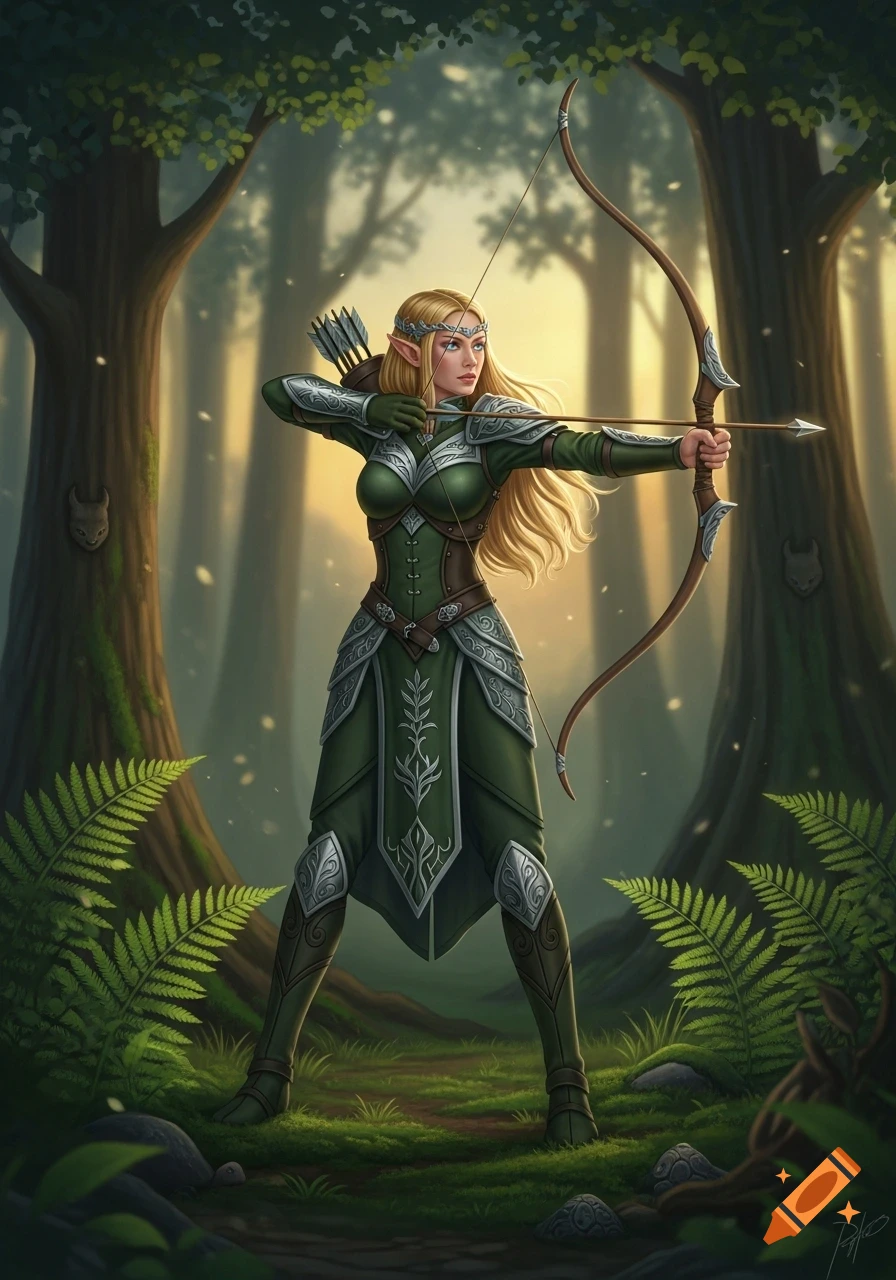 A female elf archer in green armor with long blonde hair draws her bow in an enchanted forest, rendered in a digital painting style.