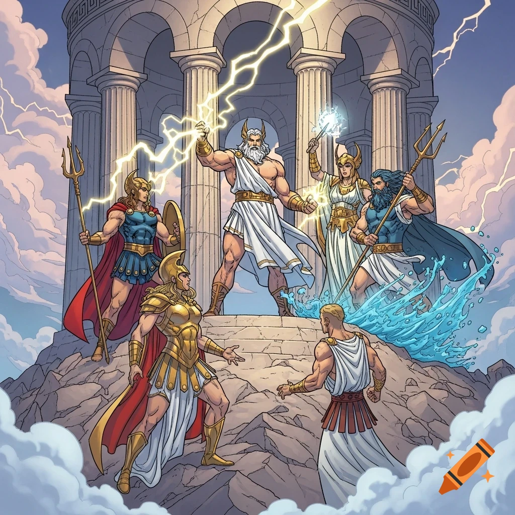 Greek gods like Zeus and Poseidon argue on Mount Olympus, rendered in Marvel comic style art.