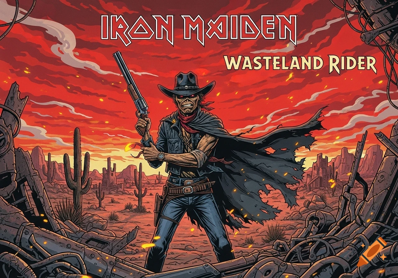 Heavy metal style illustration of zombie cowboy Eddie holding a shotgun in a desert wasteland under a fiery red sky.