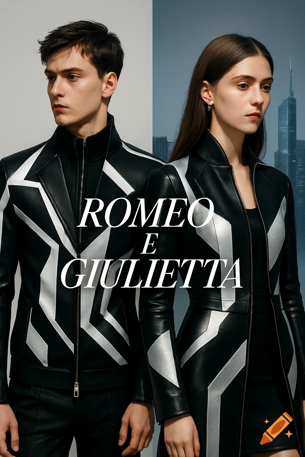 A man and a woman in modern black and white stylized leather jackets, with 'ROMEO E GIULIETTA' text. Photorealistic.