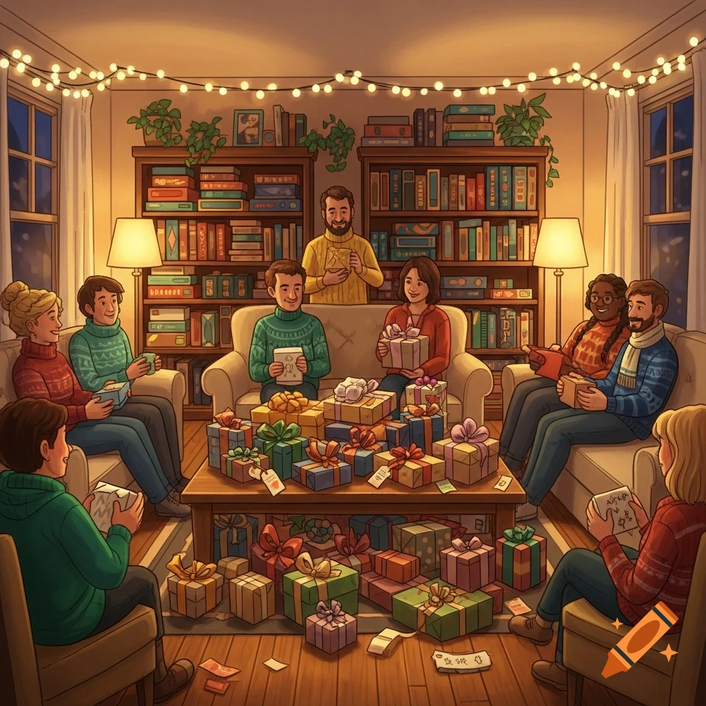 An illustration of a diverse group of friends or family members having a white elephant gift exchange in a cozy, warmly lit living room filled with bookshelves and string lights.
