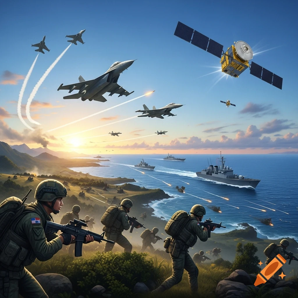 A dramatic scene of a joint military exercise with soldiers on land, warships at sea, fighter jets in the sky, and a satellite overhead, set against a sunset backdrop.