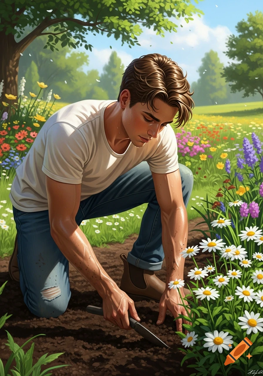 A young man in a white t-shirt and jeans kneels in a vibrant flower field, gardening with a trowel under a sunny sky.