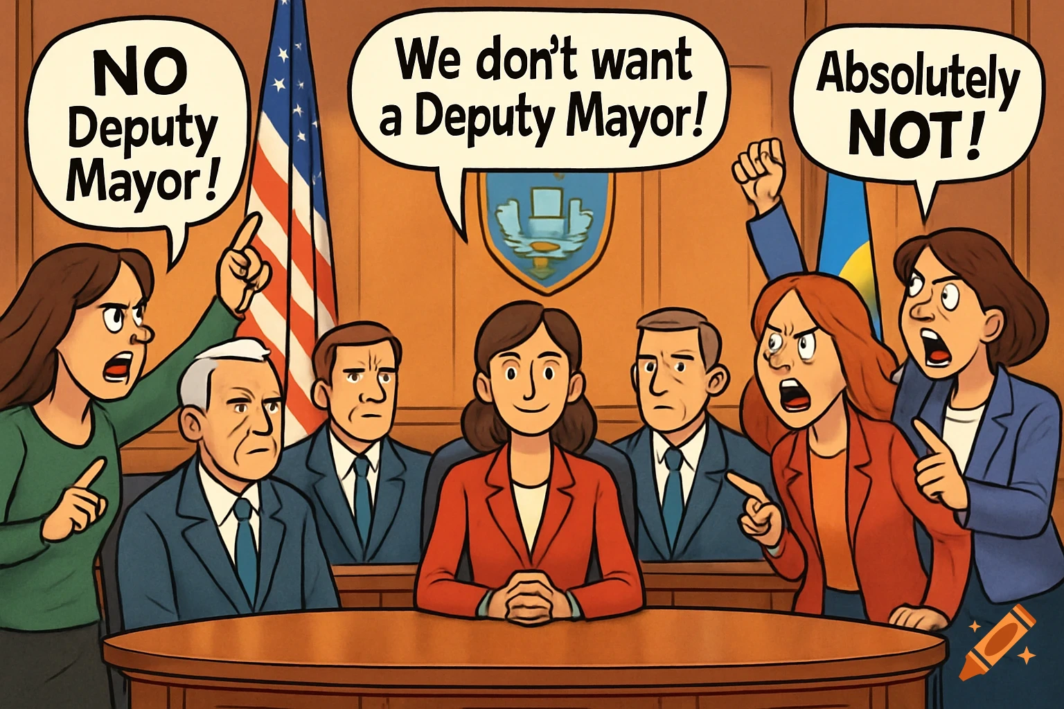Cartoon of a city council meeting with a calm female mayor and three male councillors, while three angry female councillors shout 'NO Deputy Mayor!' and 'Absolutely NOT!'
