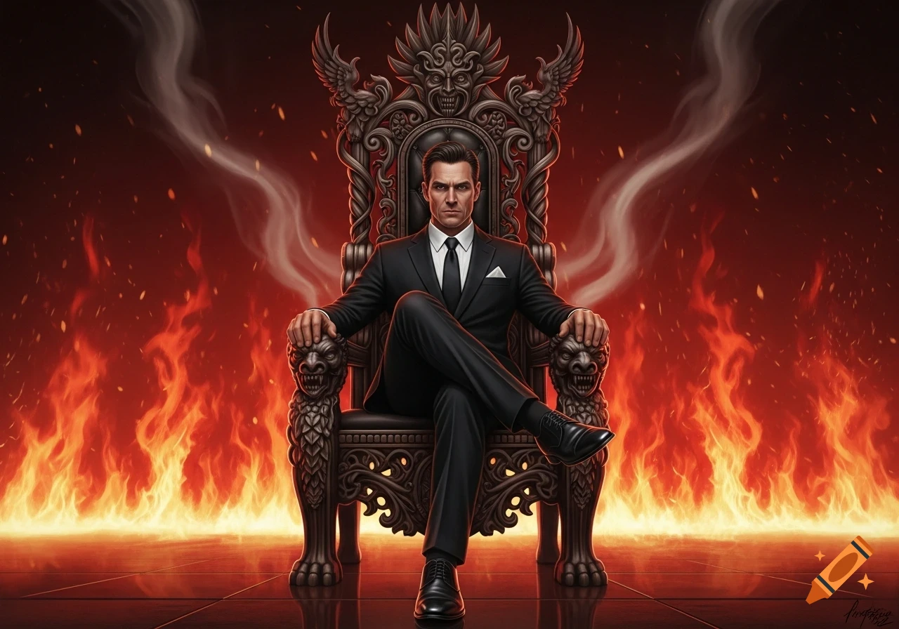 A man in a black suit sits on an ornate, demonic-style throne against a background of blazing red fire and smoke.