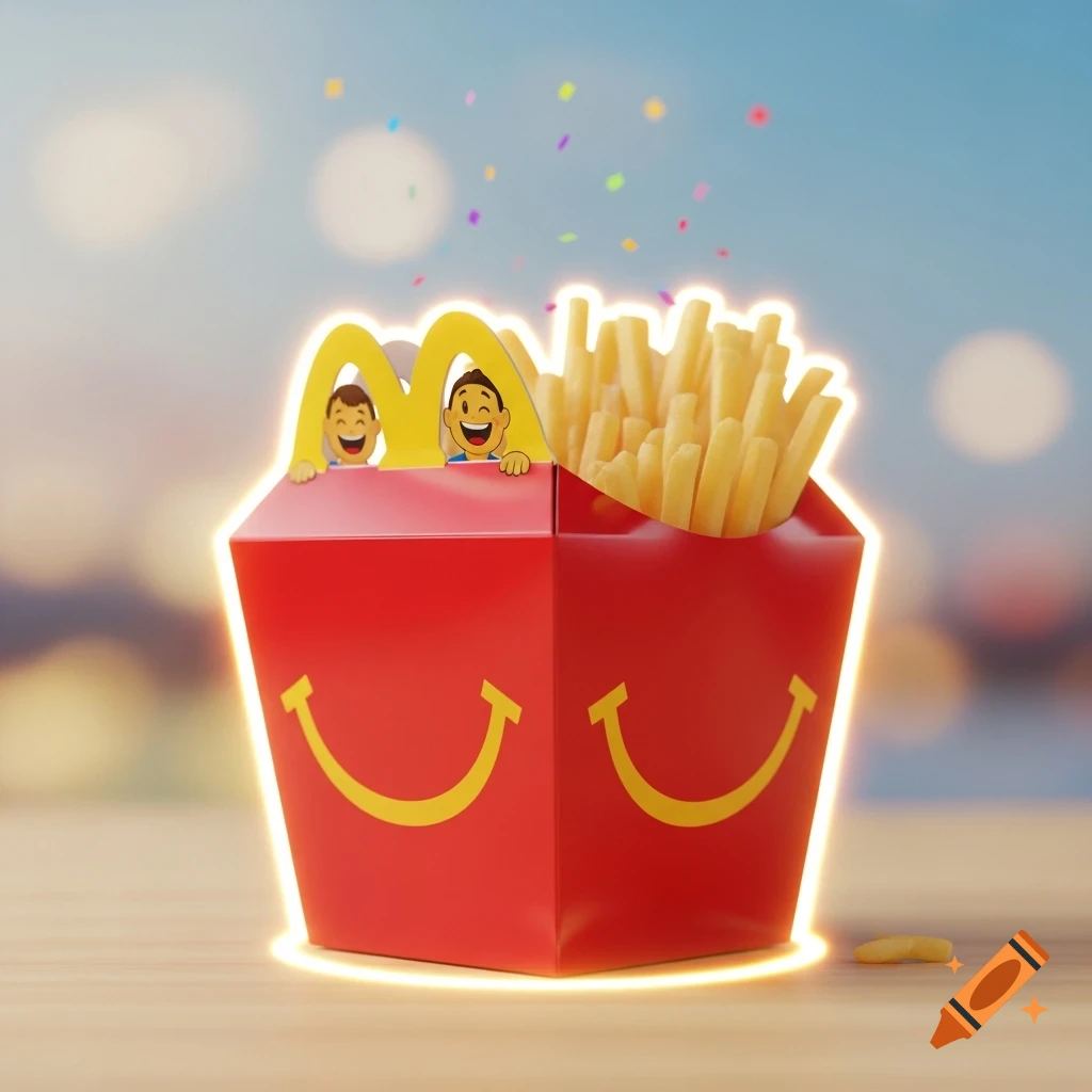 A red McDonald's Happy Meal box filled with golden fries, featuring a yellow M-shaped logo and two cartoon faces peeking out, with confetti falling and a soft glowing outline.