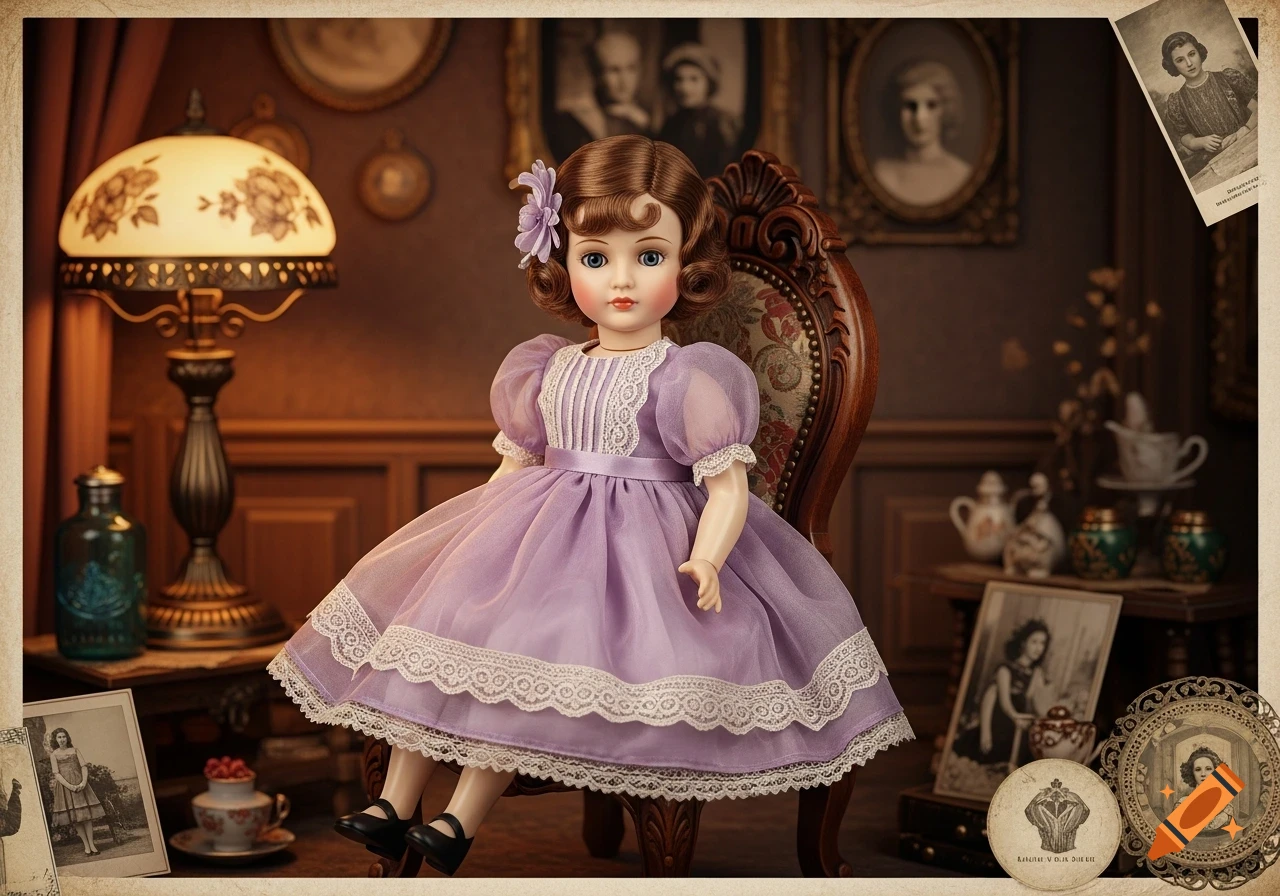 A porcelain doll with brown curls and a purple dress sits in a vintage armchair, surrounded by antique furniture, lamps, and framed pictures.