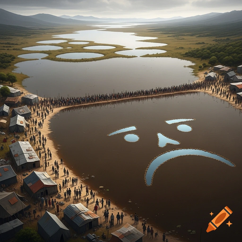 Drone shot of a crowd walking by a brown lake shaped like a sad face, with more lakes and mountains in the background.