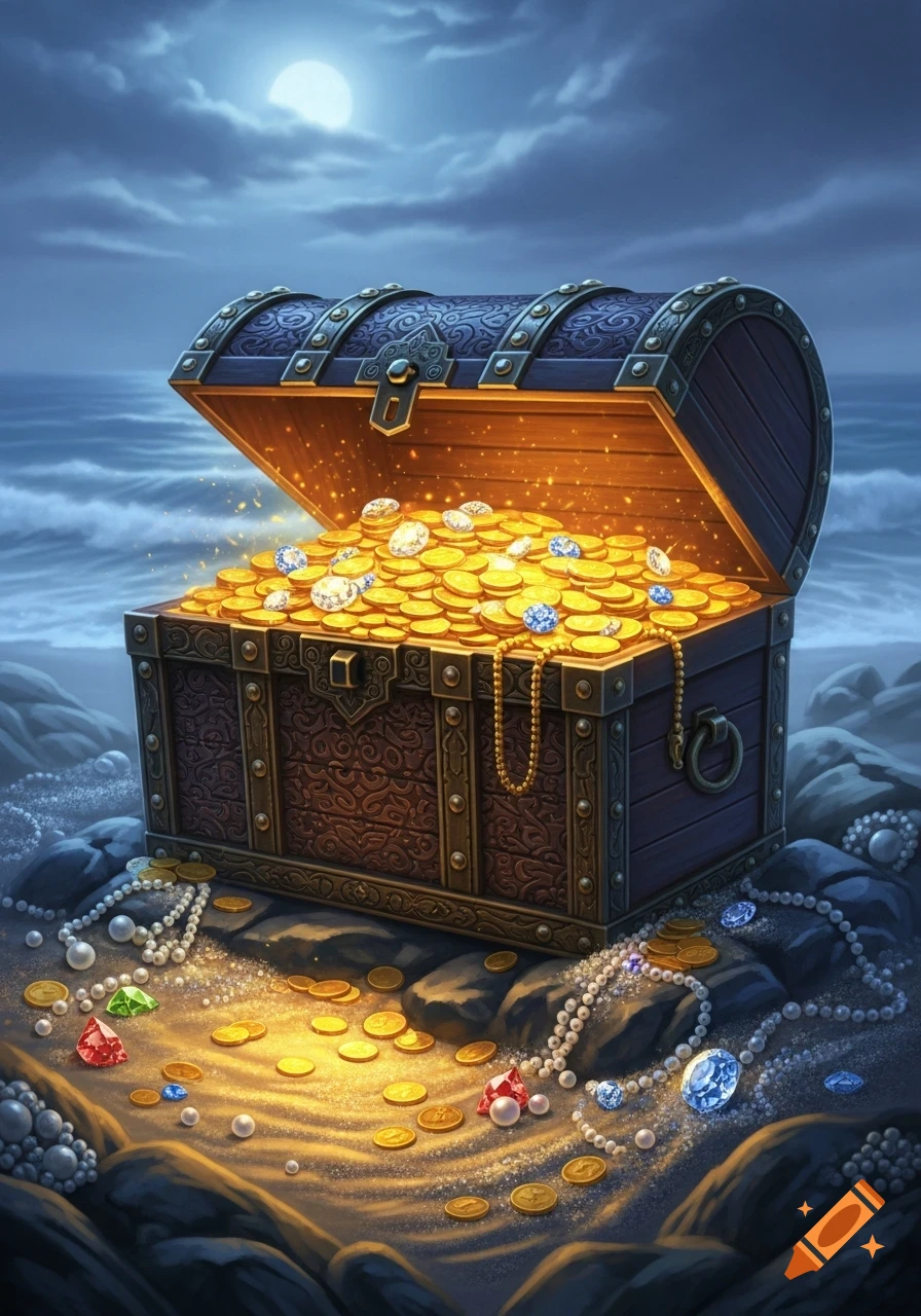 An open treasure chest brimming with gold coins and sparkling gems on a moonlit beach with ocean waves. Digital art.