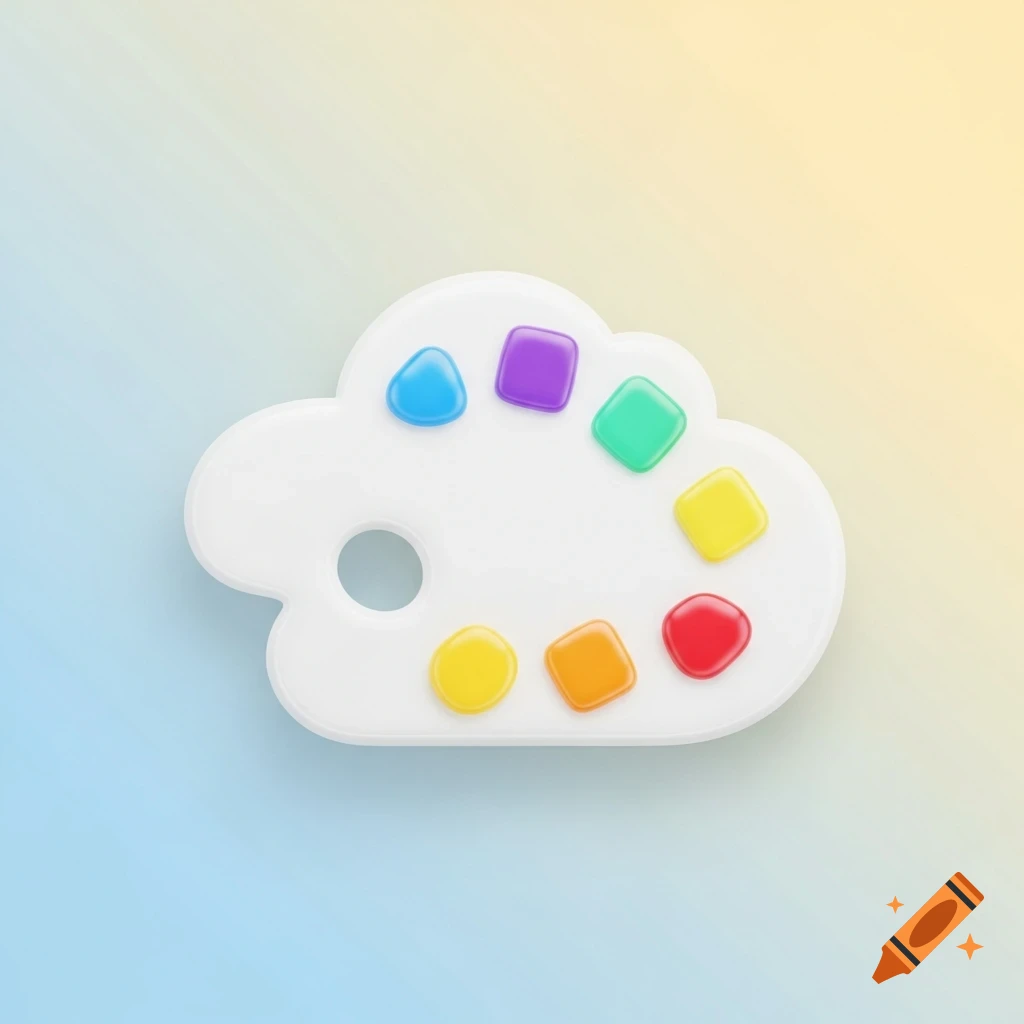 A white cloud-shaped paint palette with colorful, glossy paint blobs on a light blue and yellow gradient background, in an icon style.