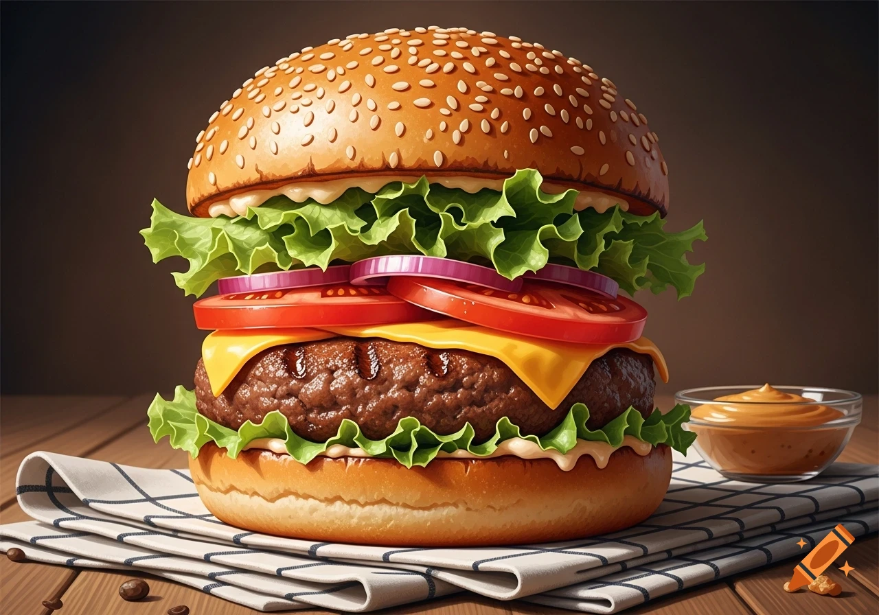 A delicious-looking burger with lettuce, tomato, onion, cheese, and a patty on a sesame bun, served on a checkered napkin.