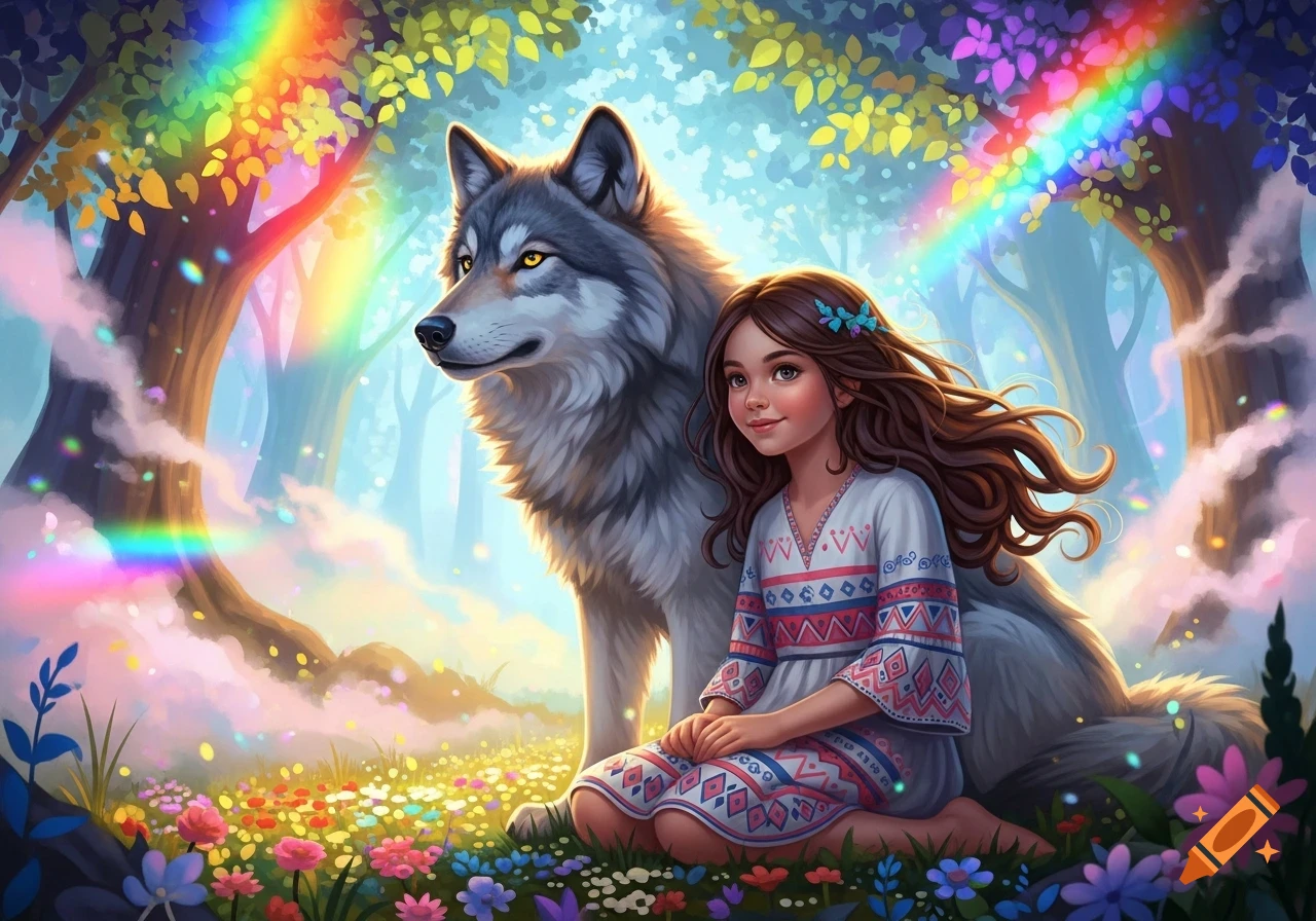 An illustration of a girl and a large grey wolf sitting among colorful flowers in a magical forest with rainbows.