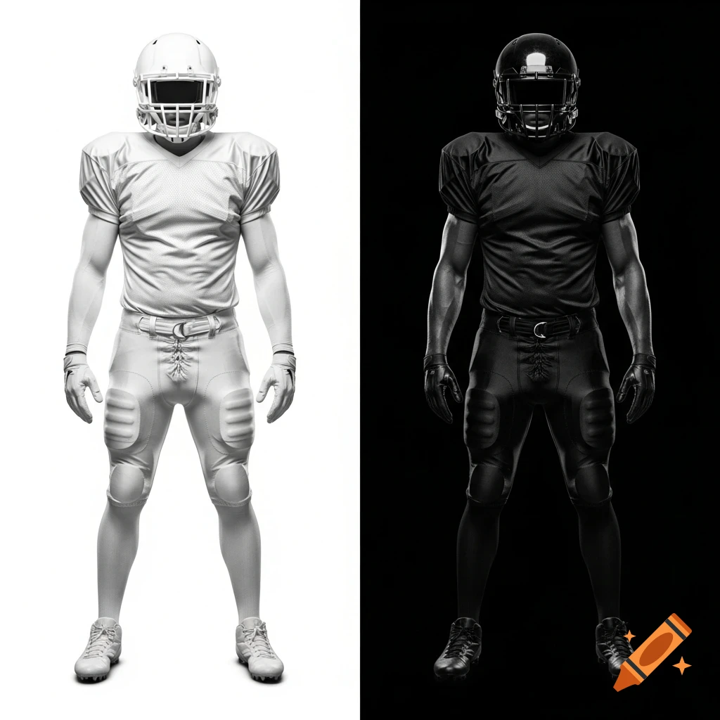 Detailed photo of two identical American football players standing upright, one in a white uniform on a white background, the other in a black uniform on a black background.