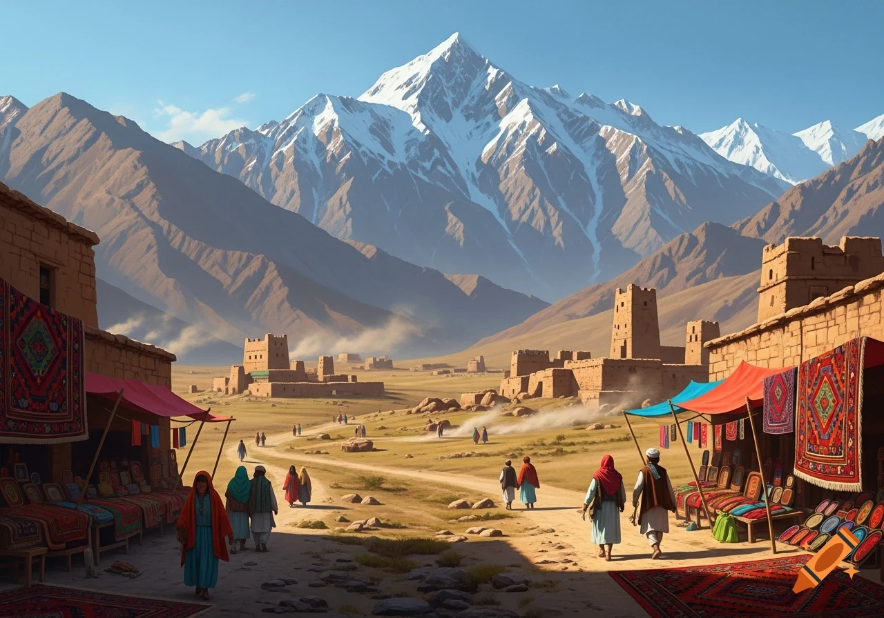 A busy market street in a desert valley with people, ancient mud-brick buildings, and colorful rugs, under snow-capped mountains.