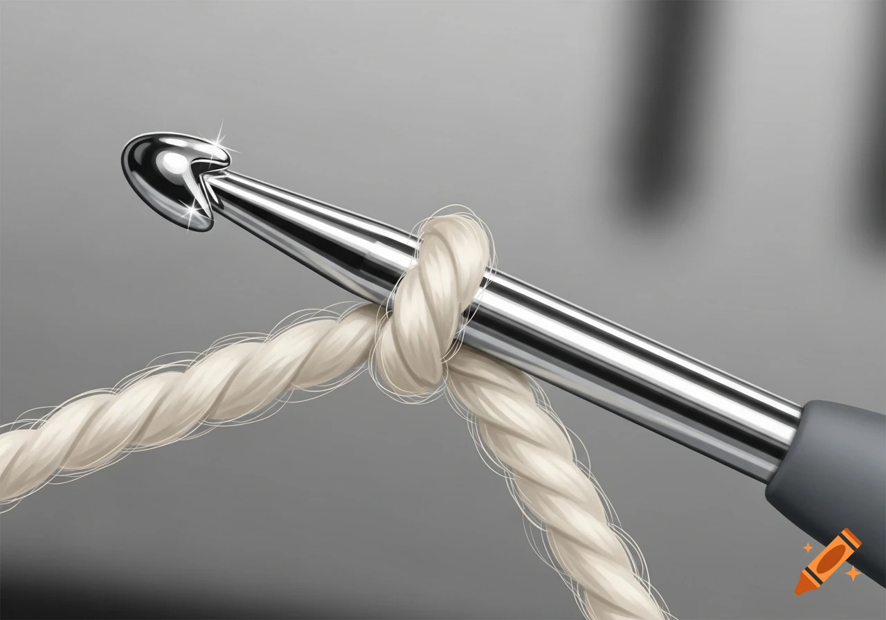 A close-up, stylized, realistic image of a shiny silver crochet hook with white yarn looped around its shaft against a gray background.