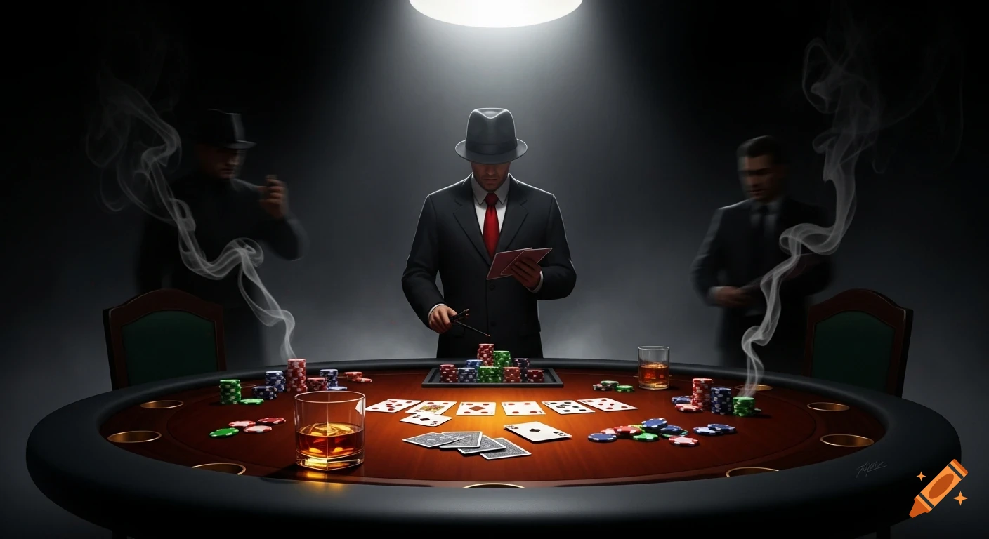 A dramatic poker scene with three men in suits, focused on a central player holding cards under a spotlight, surrounded by chips, whiskey, and smoke.