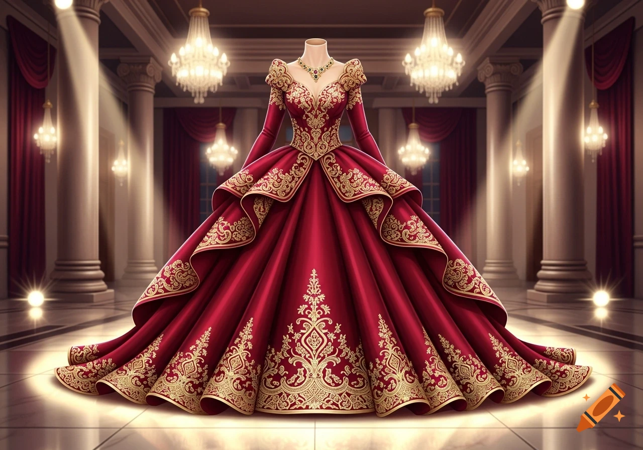 An ornate red and gold ball gown with intricate patterns, standing in a grand, richly decorated hall with chandeliers and columns.