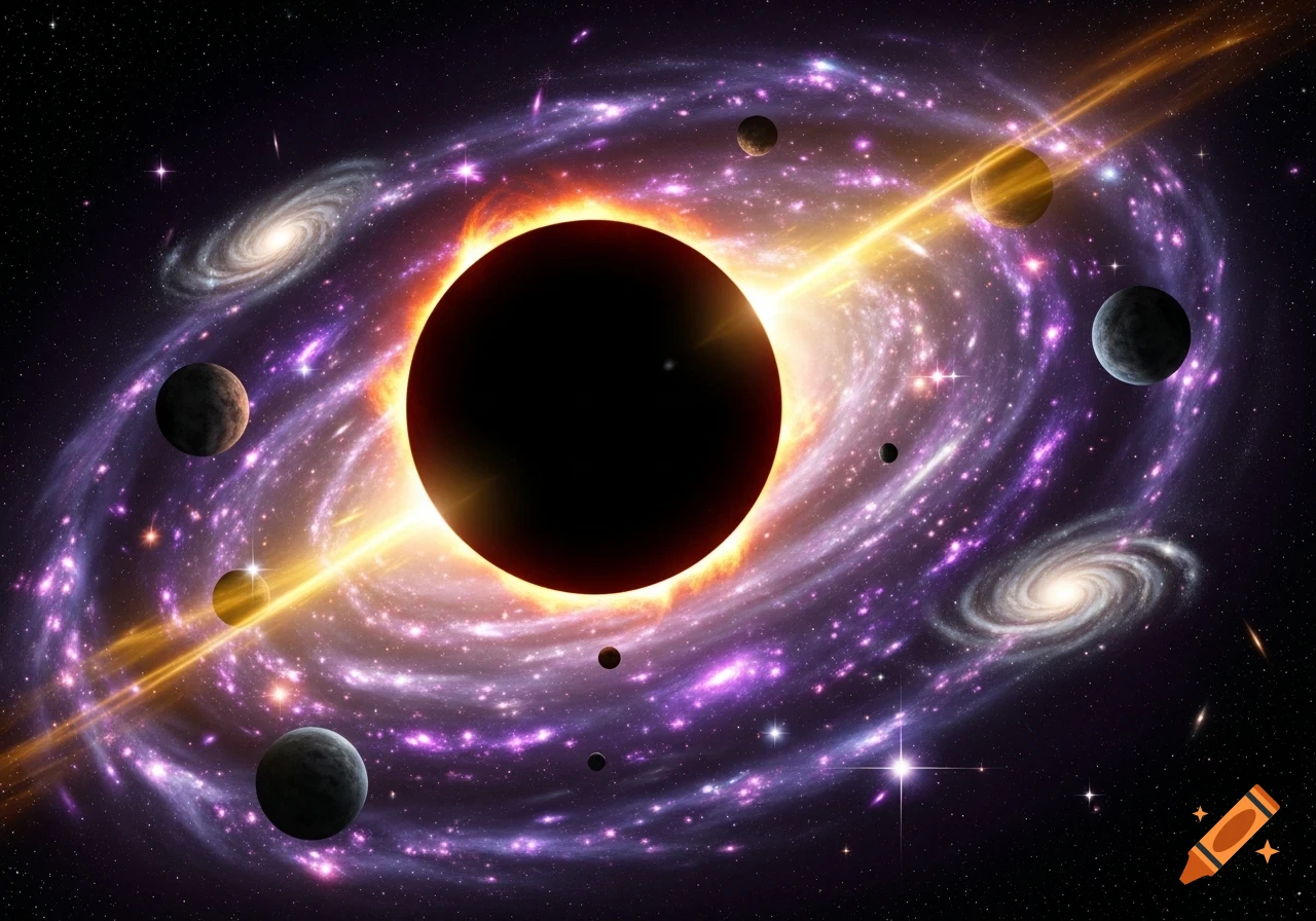 A cosmic scene with a black sun surrounded by a fiery orange glow, encircled by a vibrant purple and yellow spiral galaxy with numerous planets and stars.