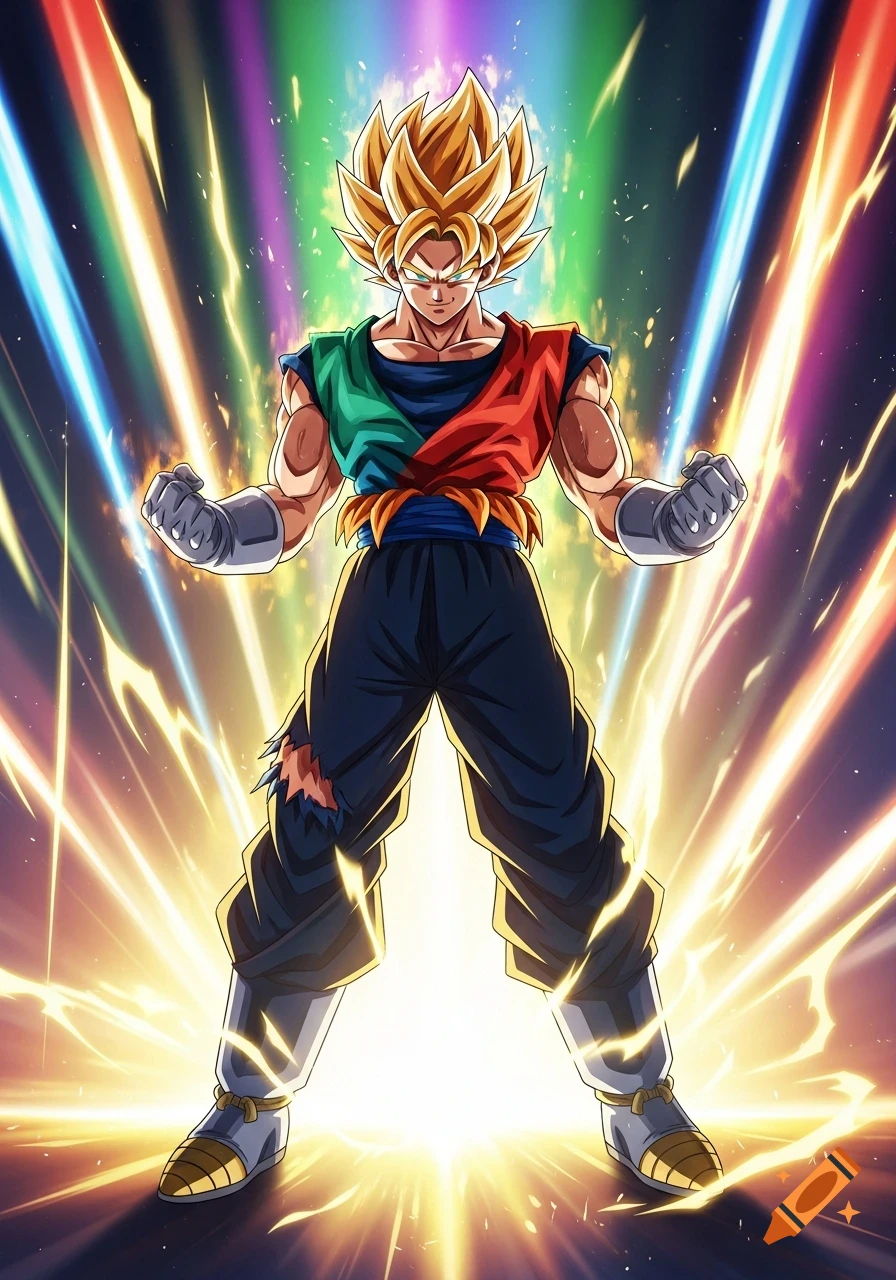 Anime hero resembling Goku, with spiky blond hair and a split red and green shirt, poses powerfully amidst colorful glowing energy.