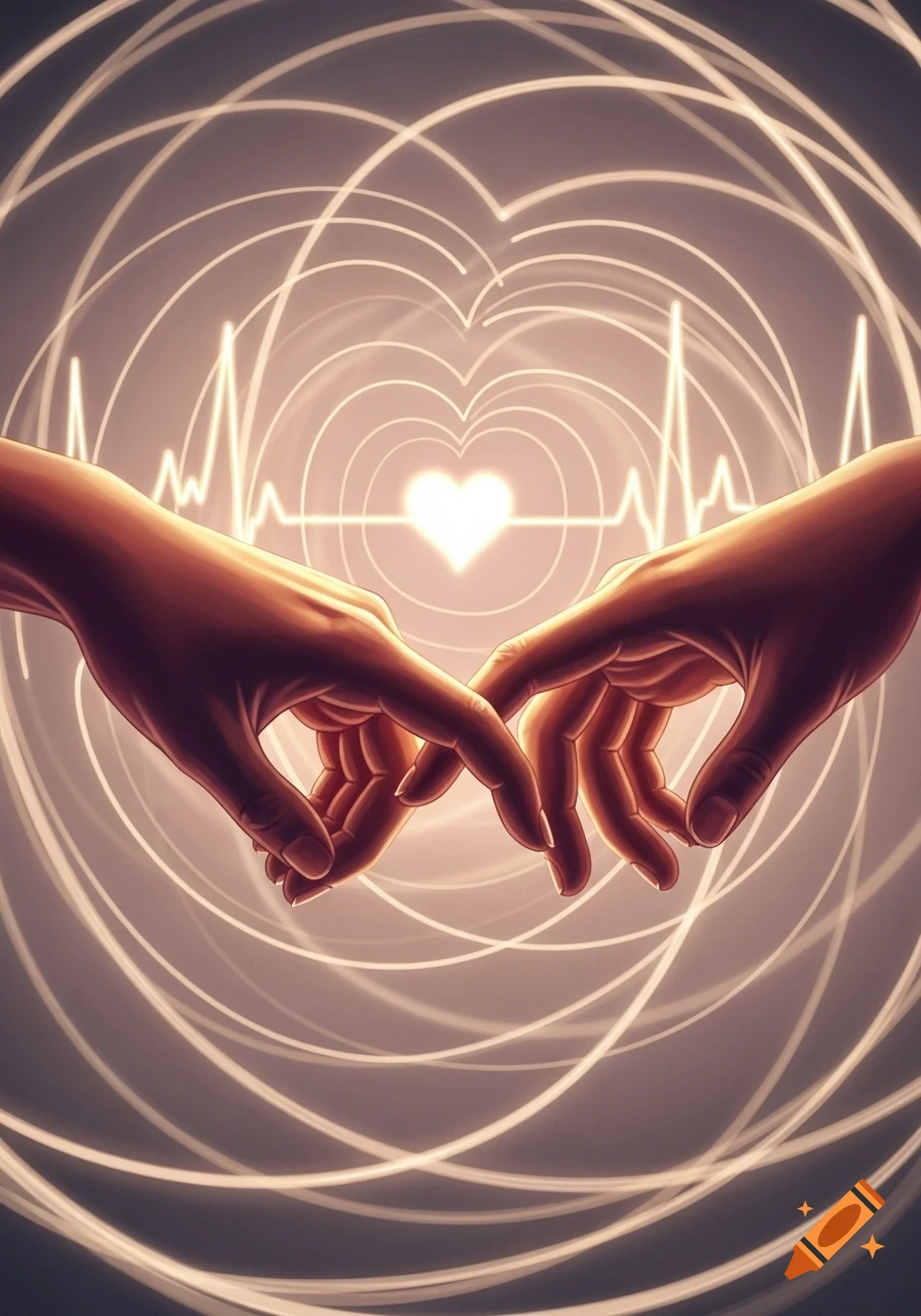 Two hands with fingertips almost touching, glowing heart, and heartbeat lines in an ethereal, warm light style.