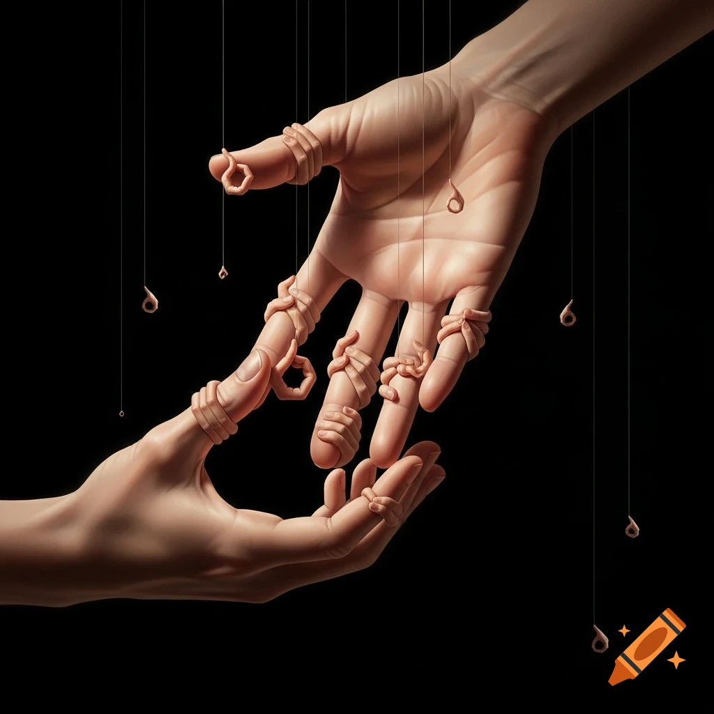 Two hands on a black background, one reaching up with smaller, worm-like fingers wrapped around its fingers and dangling from thin strings.