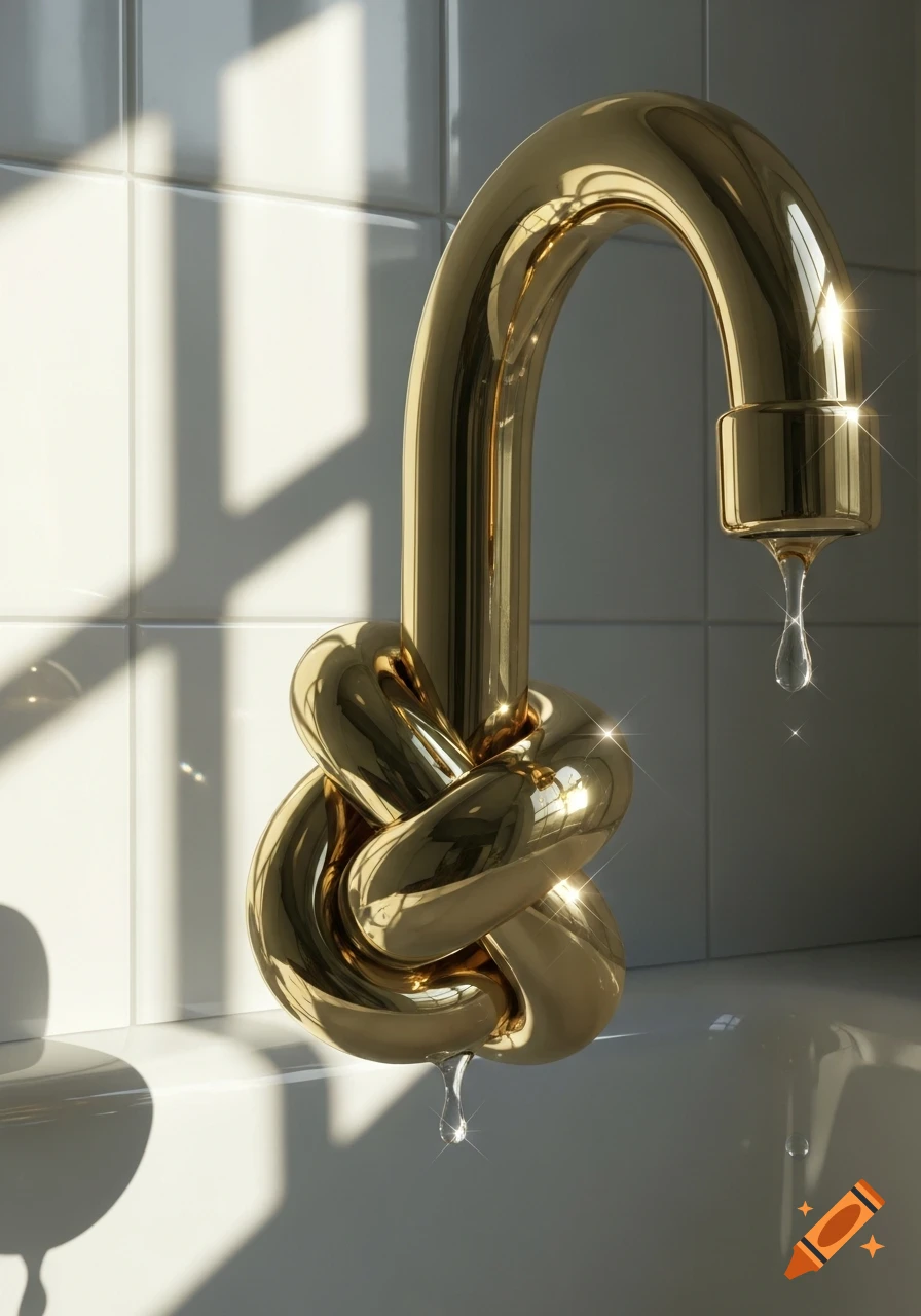 A shiny golden faucet tied in a knot, with water dripping, against a white tiled wall with sunlight.