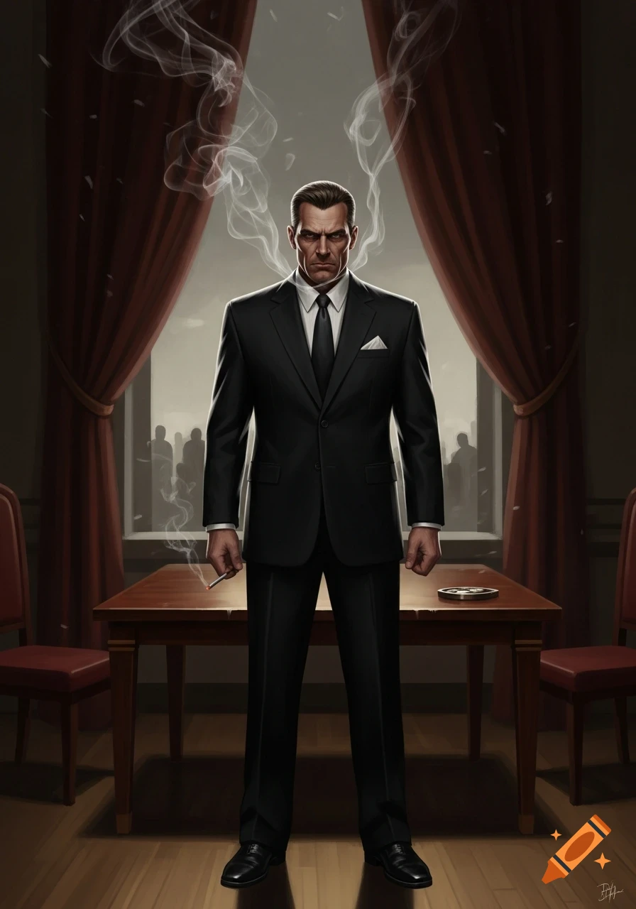 A stern man in a black suit stands holding a cigarette, with smoke rising, in a dramatic, dark room with red curtains.