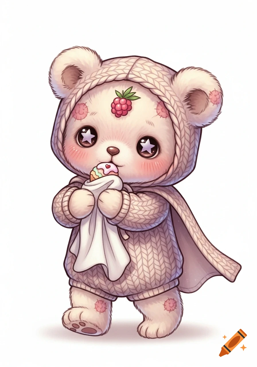 A cute, cartoon bear cub in a knitted hoodie and cape, holding a blanket and tiny cupcake, with star eyes and a raspberry on its head.