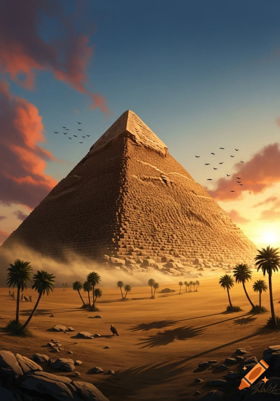A massive, textured pyramid stands in a golden desert landscape with scattered palm trees under a vibrant sunset sky with flying birds.