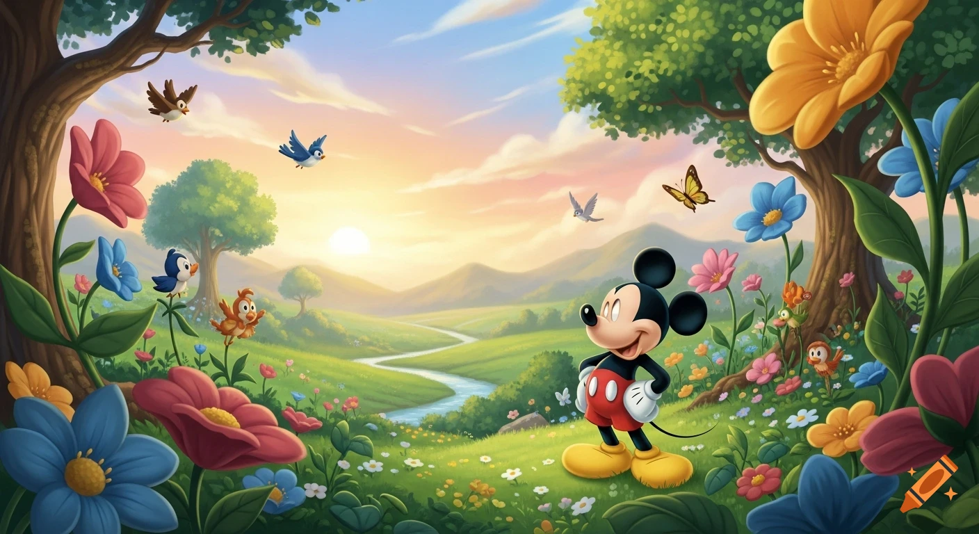 Mickey Mouse stands in a vibrant cartoon landscape with a winding river, trees, colorful flowers, and birds at sunset.