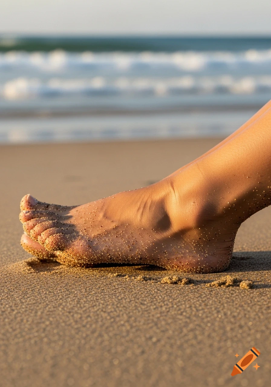 A bare foot covered in sand, resting on a beach with blurred ocean waves in the background during golden hour.