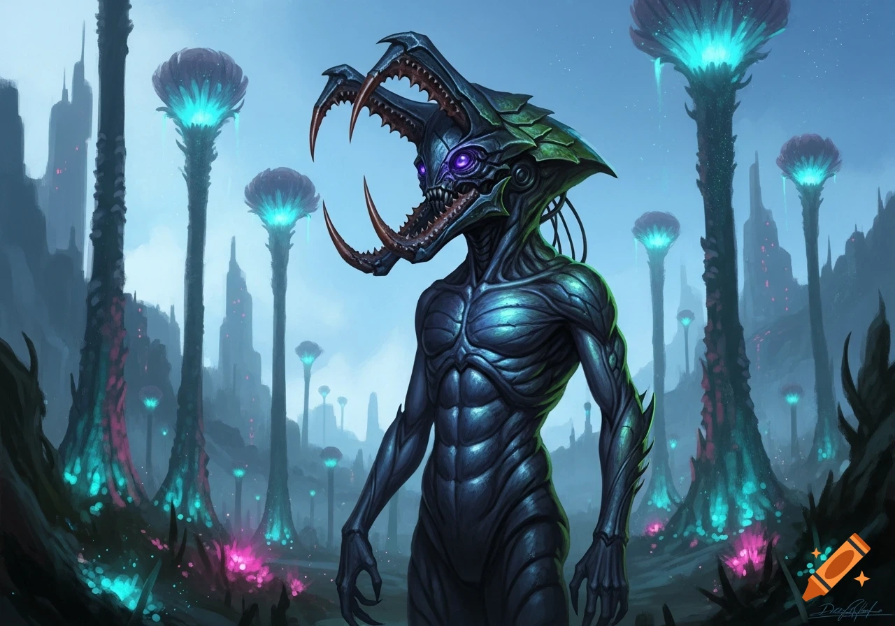 A bioluminescent humanoid alien with mandibles stands in a glowing alien landscape, digital art.
