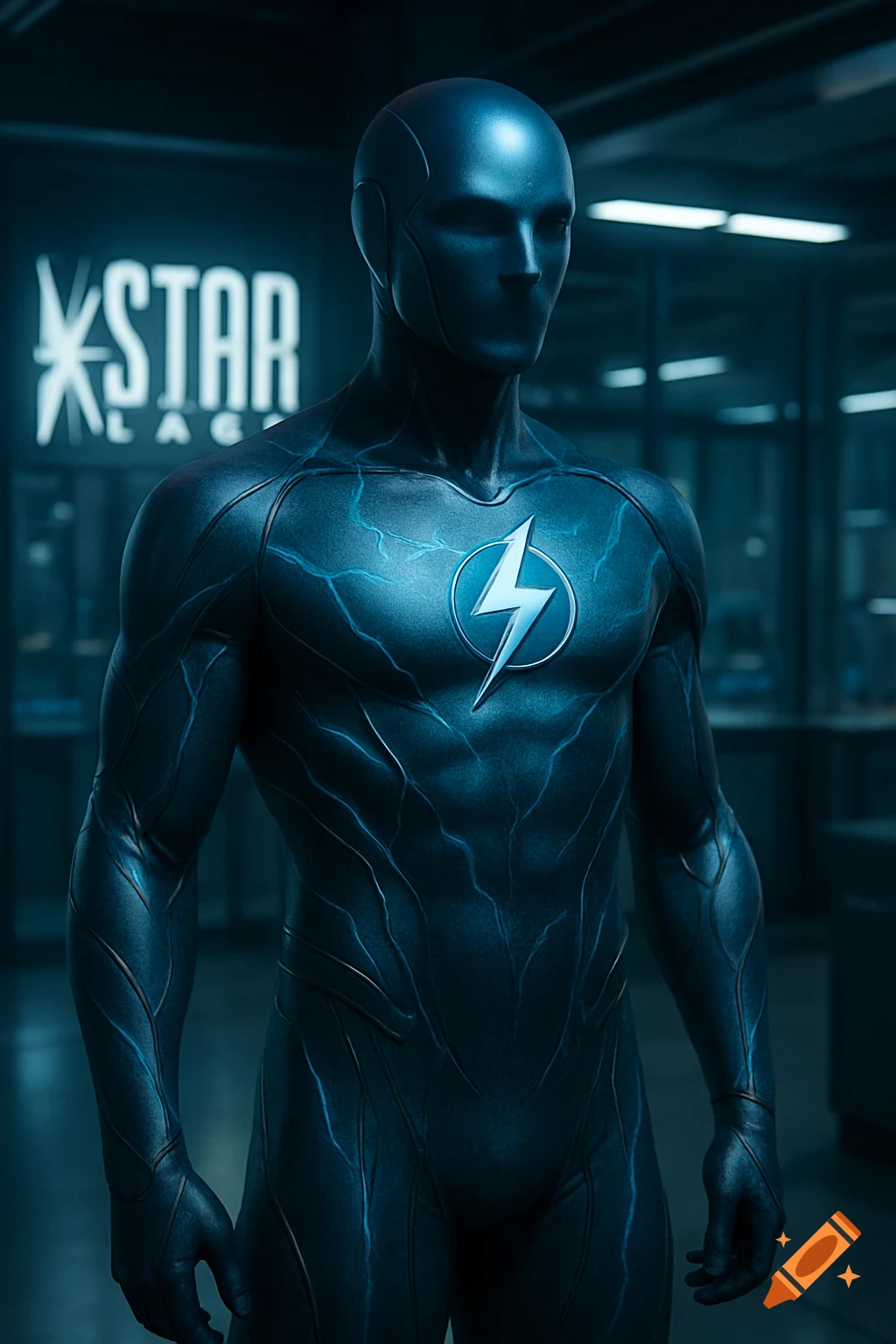 A dark blue superhero in a sleek suit with light blue lightning patterns and a lightning bolt logo stands in a futuristic STAR LABS.