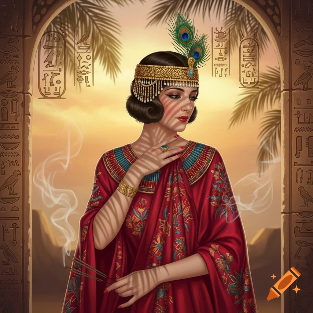 A woman in a red and gold ornate Egyptian-style dress with a peacock feather headband holds smoking incense sticks under a palm-shadowed archway.