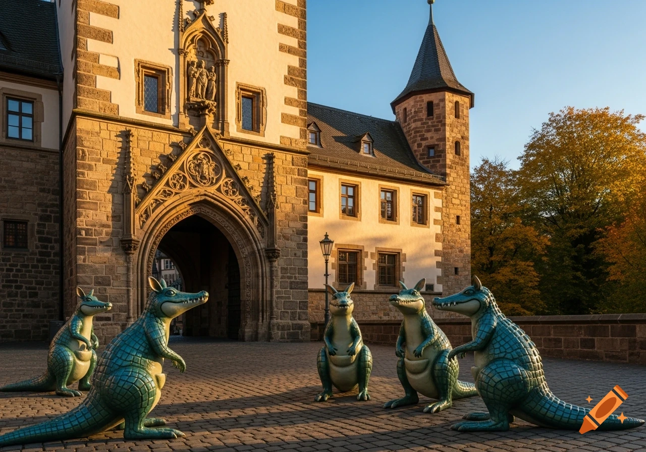 Five green crocodile-kangaroo statues stand on a cobblestone plaza in front of a historic stone building with an arched gate and tower, under warm sunlight.