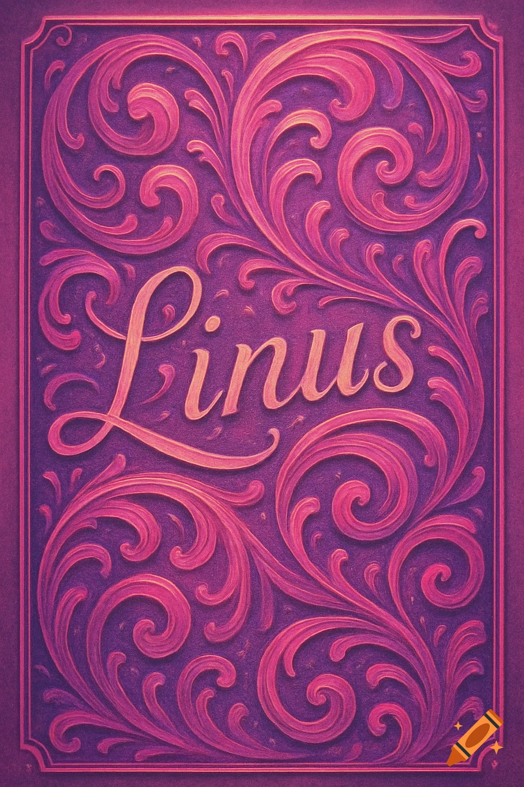 Decorative sign with pink and purple swirls, featuring the name 'Linus' in cursive lettering.
