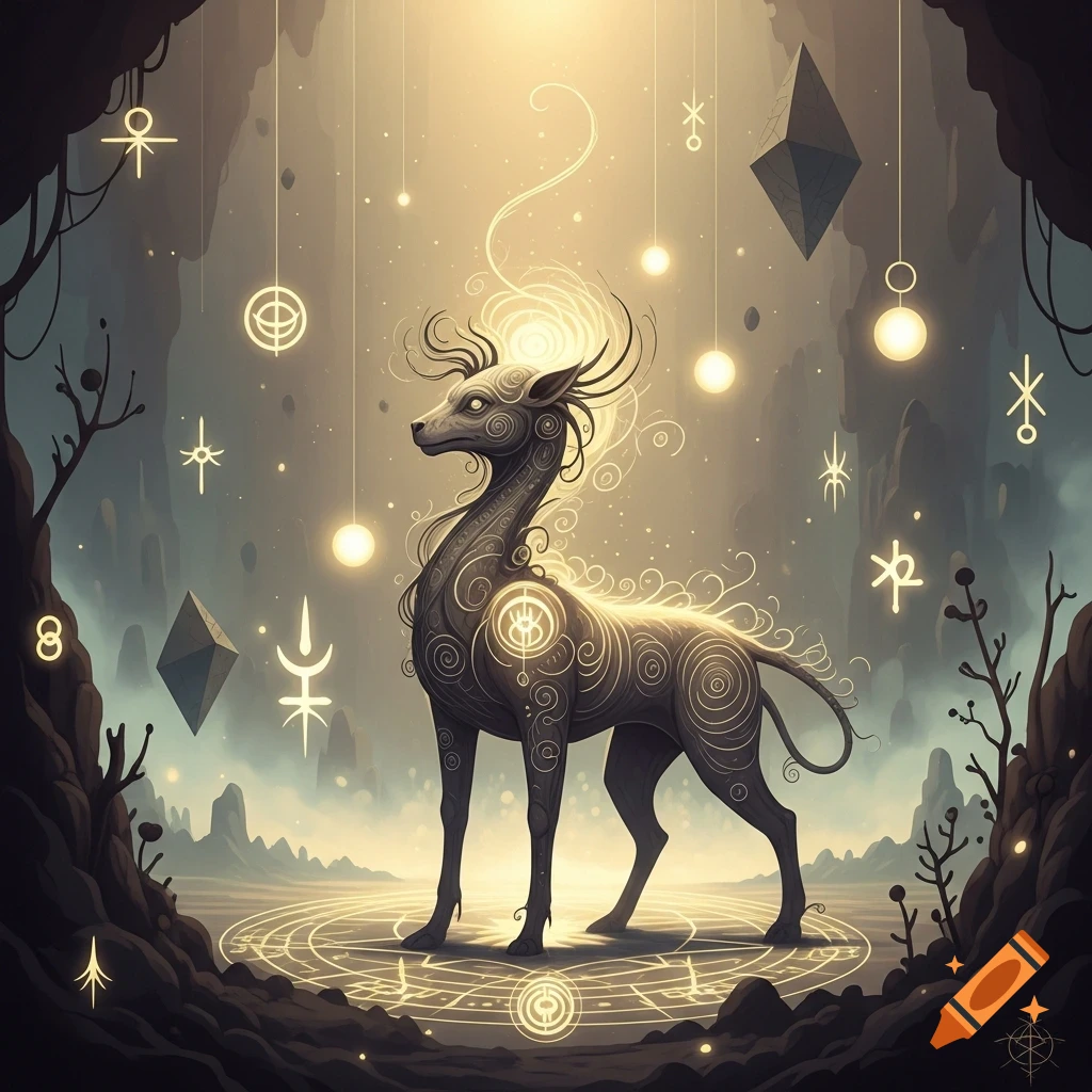 A stylized deer-like creature with glowing patterns stands in a mystical cave surrounded by floating symbols and light, in a surreal style.